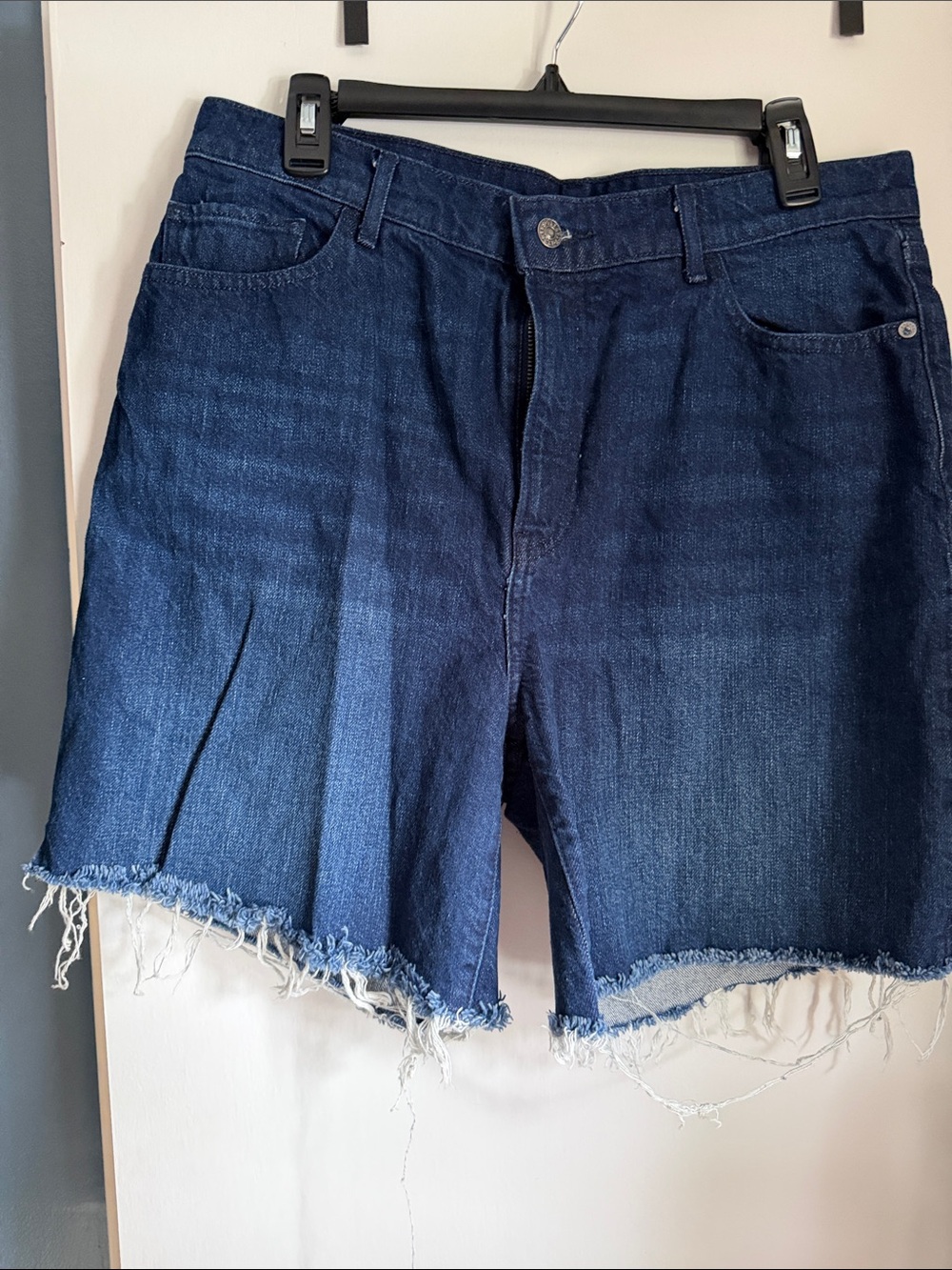 Express Women's Dark Blue Denim Frayed Hem Shorts